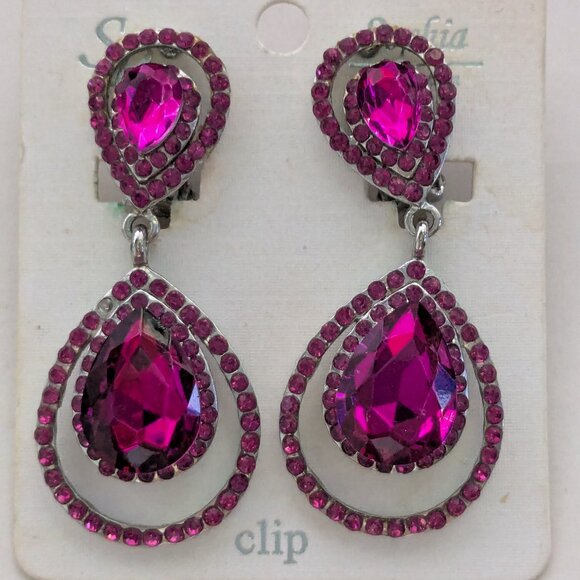 Vintage SOPHIA COLLECTION Fuchsia Prong Set Rhinestone Dangle Clip On Earrings - Picture 1 of 5